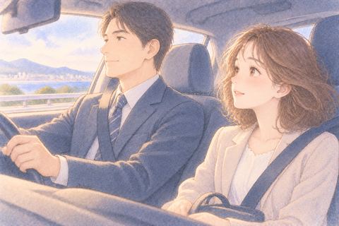 上司と車に乗り少し緊張する女性