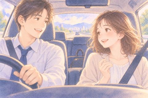 職場の人と穏やかに車で移動する女性