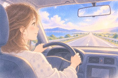 まっすぐ続く道を運転する女性