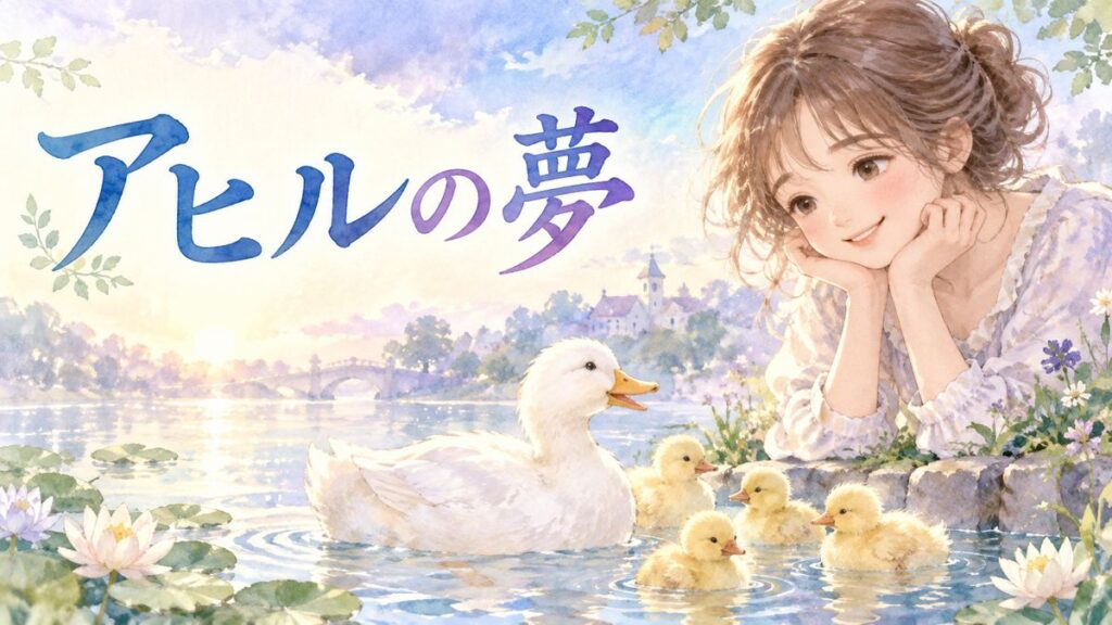 池のアヒルたちを優しく見つめる大人の女性と夢のような水辺