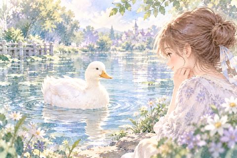 静かな池に浮かぶ真っ白なアヒルを眺める女性