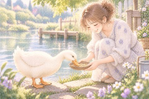 池のほとりでアヒルに餌を差し出す大人の女性