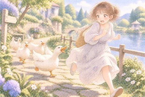 何羽ものアヒルに追いかけられて逃げる大人の女性