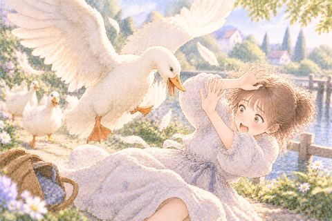 羽を広げて襲いかかるアヒルから身を守る大人の女性