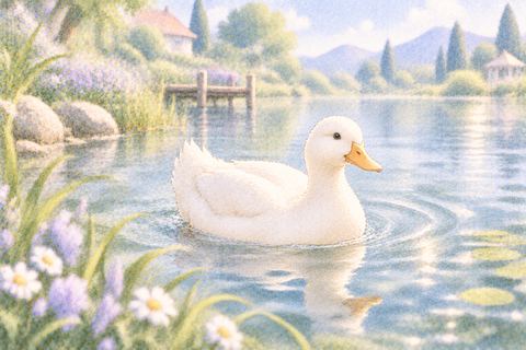 澄んだ池を穏やかに泳ぐ白いアヒル