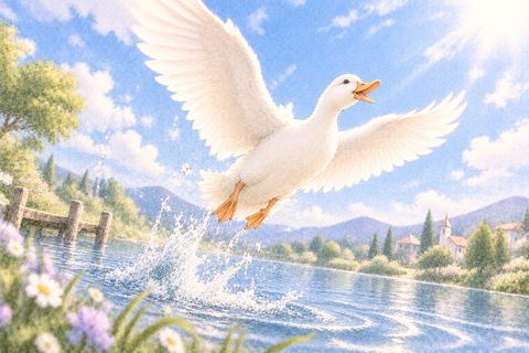 池から飛び立ち青空へ向かう白いアヒル