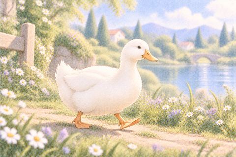 草の小道をのんびり歩く白いアヒル