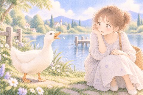 池のほとりで鳴くアヒルに耳を傾ける大人の女性
