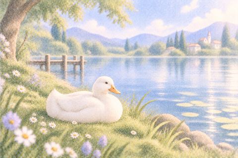静かな水辺で一羽だけ羽を休める白いアヒル
