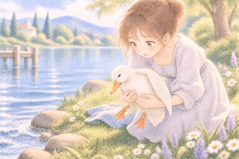 水辺で動けないアヒルを優しく抱き上げる大人の女性