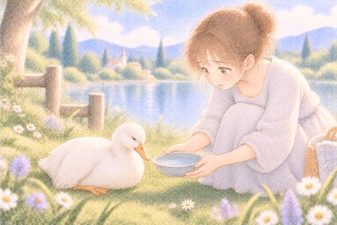 弱って座るアヒルへ水を差し出す大人の女性