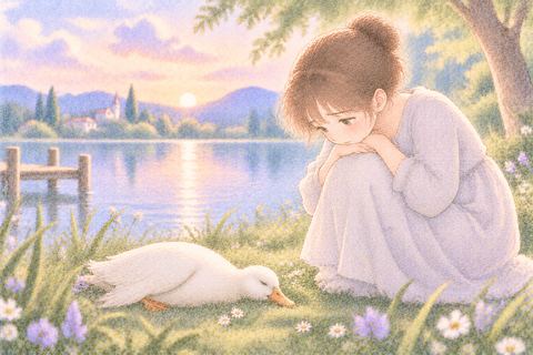 動かなくなったアヒルのそばで悲しむ大人の女性