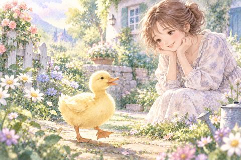 花咲く庭を歩く黄色いアヒルと笑顔の大人の女性