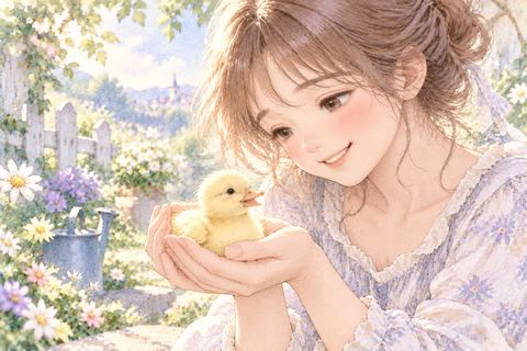 手のひらに小さなアヒルのヒナを乗せる大人の女性