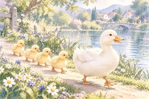 親アヒルの後ろを小さなヒナたちが一列に歩く水辺