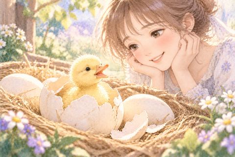 ひび割れた卵から顔を出すアヒルのヒナ