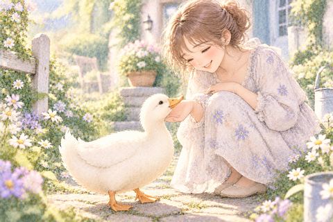 大人の女性の足元へ親しげに近づく白いアヒル
