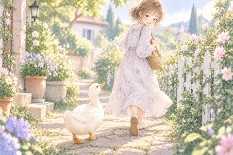 歩く大人の女性の後ろを一羽のアヒルがついてくる