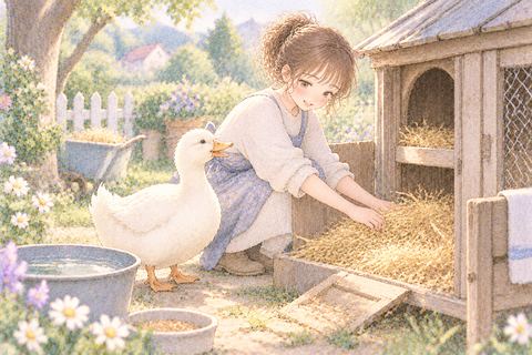 庭で飼っているアヒルの小屋を掃除する大人の女性