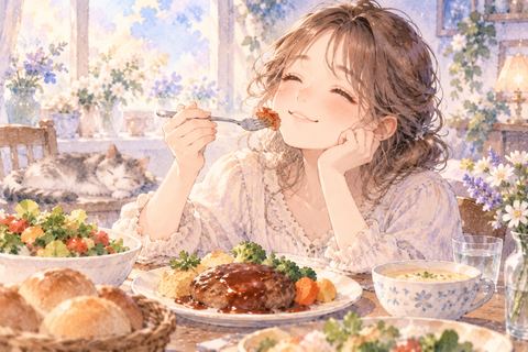 美味しい料理を幸せそうに味わう女性