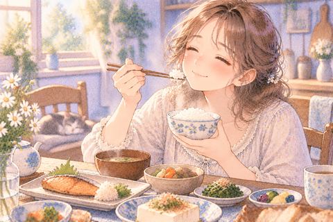 温かいご飯をゆっくり味わう女性