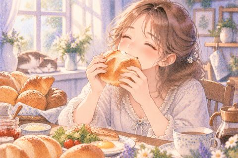 焼きたてのパンを幸せそうに食べる女性