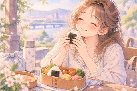 おにぎりとお弁当を嬉しそうに食べる女性
