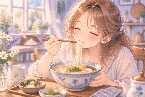 湯気の立つ麺を美味しそうに食べる女性