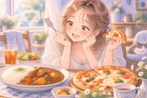 カレーとピザを前に楽しそうな女性