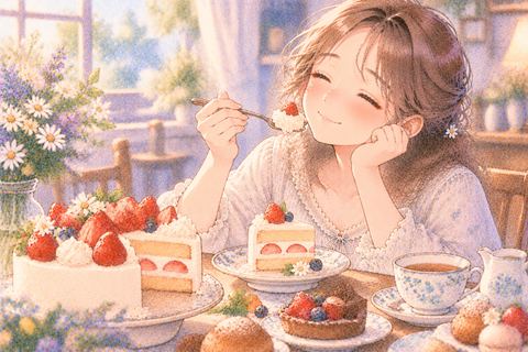 華やかなケーキを幸せそうに食べる女性