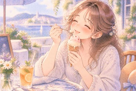 冷たいアイスを楽しそうに味わう女性