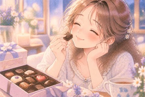 チョコレートを大切そうに味わう女性