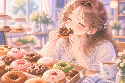 並んだドーナツから一つ選んで食べる女性