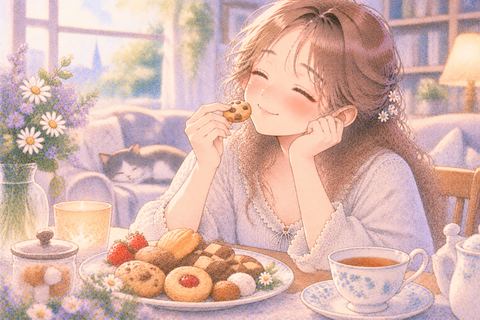 小さなお菓子をゆっくり楽しむ女性