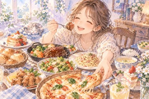 たくさんの料理を楽しそうに食べる女性