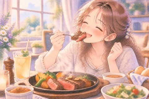 焼きたての肉を元気よく食べる女性