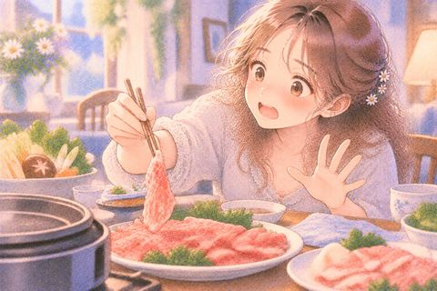 生の肉を前に焦るような表情の女性
