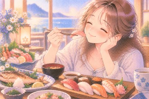 魚料理と寿司を嬉しそうに味わう女性