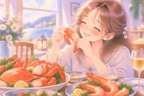 エビとカニの料理を嬉しそうに食べる女性