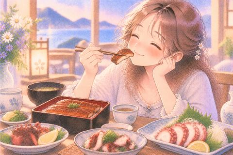 うなぎとタコの料理を味わう女性