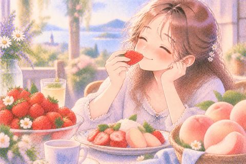 いちごと桃を幸せそうに味わう女性