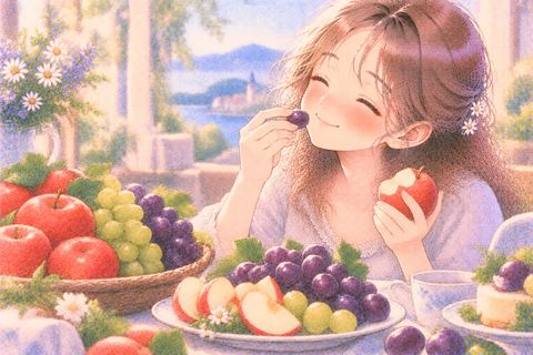 りんごとぶどうを満足そうに食べる女性