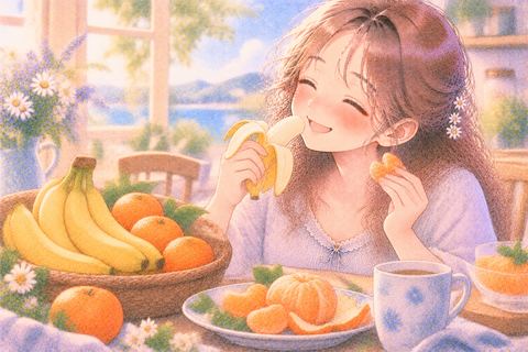 バナナとみかんを明るく楽しむ女性