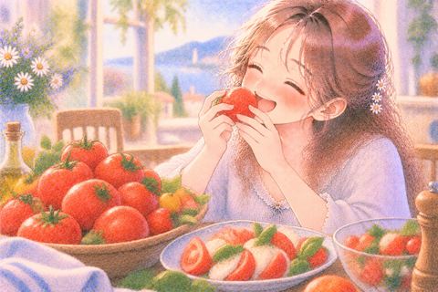 真っ赤なトマトを美味しそうに食べる女性
