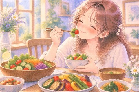 新鮮な野菜料理を穏やかに食べる女性