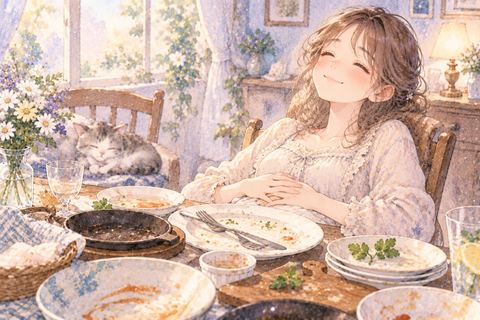 食事を終えて満足そうにくつろぐ女性