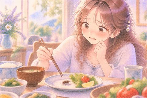 虫を前に戸惑いながら食べようとする女性