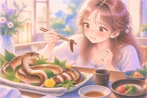 蛇料理を前に緊張しながら向き合う女性
