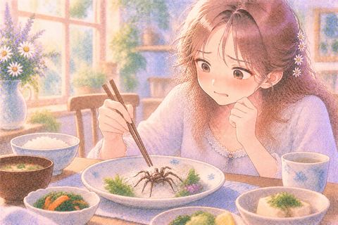蜘蛛を前に覚悟を決める女性