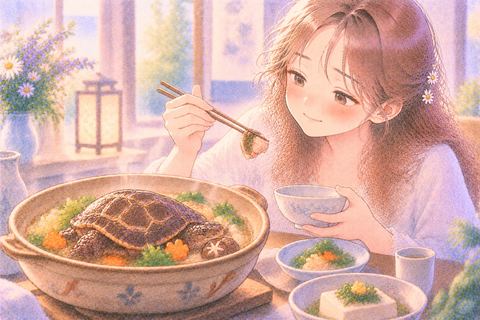 亀を象徴する料理を静かに食べる女性